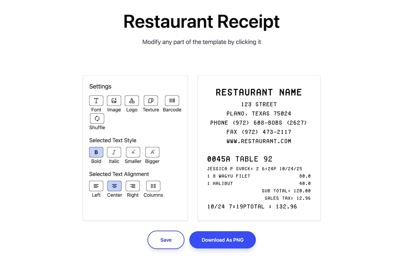 Receipt editor interface with customizable fields