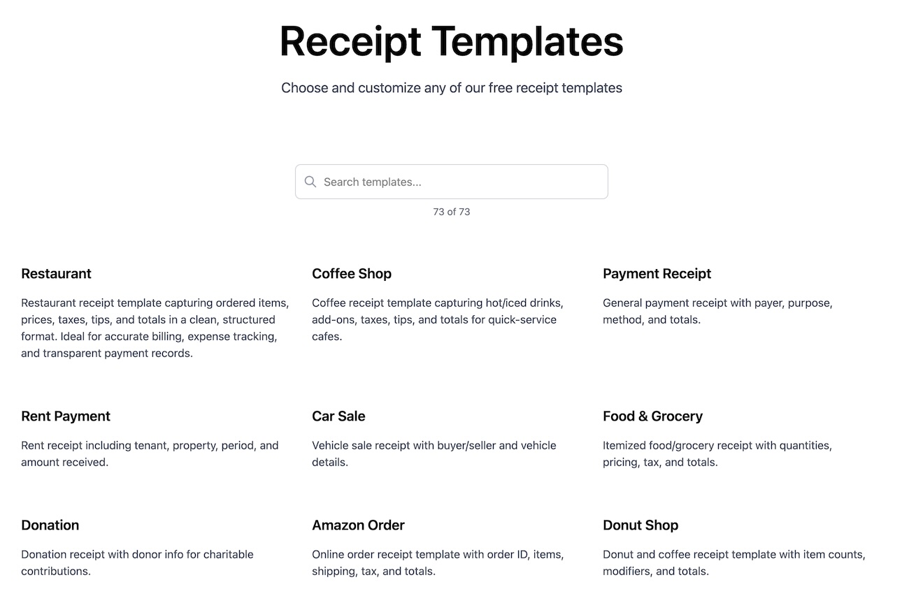 Receipt examples page with search functionality